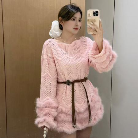 FA48549# 洋气独特毛毛拼接收腰针织衫女秋季大码胖妹妹气质显瘦中长款毛衣 服裝批發女裝批發服飾貨源