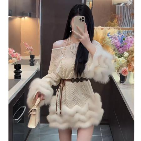 FA48549# 洋气独特毛毛拼接收腰针织衫女秋季大码胖妹妹气质显瘦中长款毛衣 服裝批發女裝批發服飾貨源