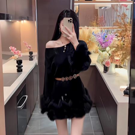 FA48549# 洋气独特毛毛拼接收腰针织衫女秋季大码胖妹妹气质显瘦中长款毛衣 服裝批發女裝批發服飾貨源