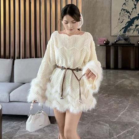 FA48549# 洋气独特毛毛拼接收腰针织衫女秋季大码胖妹妹气质显瘦中长款毛衣 服裝批發女裝批發服飾貨源