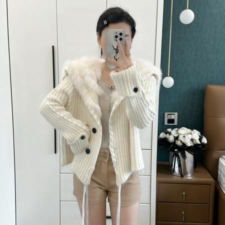 FA48550# 韩系撞色海军领飘带毛衣短外套女秋季软糯宽松设计感针织开衫上衣 服裝批發女裝批發服飾貨源