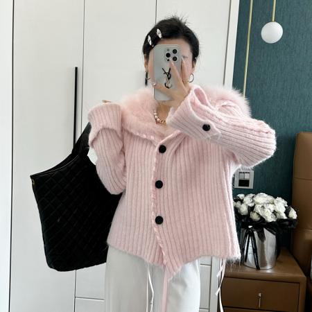 FA48550# 韩系撞色海军领飘带毛衣短外套女秋季软糯宽松设计感针织开衫上衣 服裝批發女裝批發服飾貨源