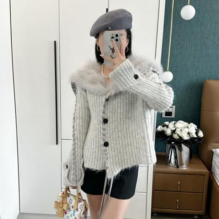 FA48550# 韩系撞色海军领飘带毛衣短外套女秋季软糯宽松设计感针织开衫上衣 服裝批發女裝批發服飾貨源