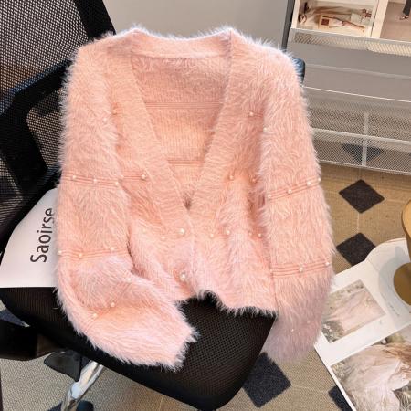 FA48551# 软糯温柔风氛围感毛衣女秋季仿水貂毛皮草短款高级感v领开衫外套 服裝批發女裝批發服飾貨源