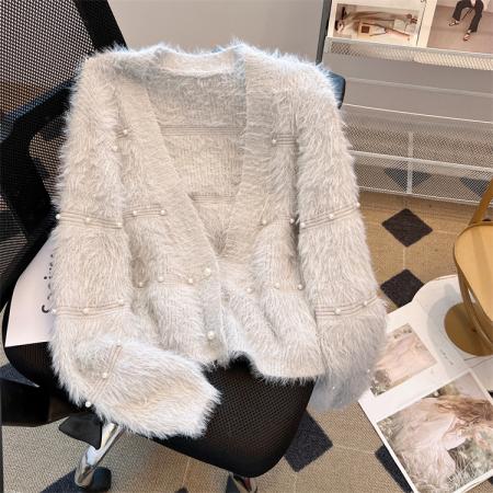 FA48551# 软糯温柔风氛围感毛衣女秋季仿水貂毛皮草短款高级感v领开衫外套 服裝批發女裝批發服飾貨源