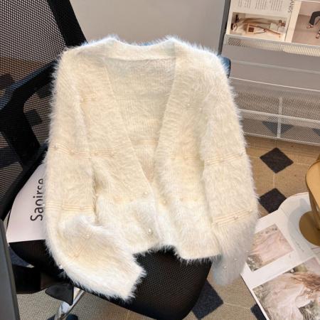 FA48551# 软糯温柔风氛围感毛衣女秋季仿水貂毛皮草短款高级感v领开衫外套 服裝批發女裝批發服飾貨源