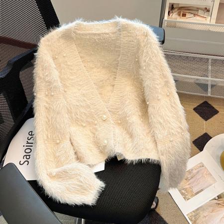 FA48551# 软糯温柔风氛围感毛衣女秋季仿水貂毛皮草短款高级感v领开衫外套 服裝批發女裝批發服飾貨源