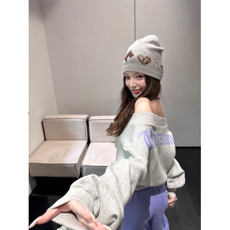 FA48553# 美式正反两穿印花一字肩字母卫衣绝绝紫运动高级感宽松卫裤 服裝批發女裝批發服飾貨源