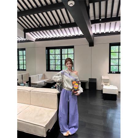 FA48553# 美式正反两穿印花一字肩字母卫衣绝绝紫运动高级感宽松卫裤 服裝批發女裝批發服飾貨源