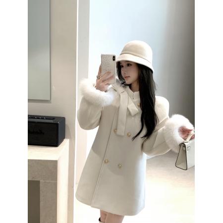 FA48555# 小香风毛呢外套秋冬蝴蝶结白色千金风宽松中长款大衣女 服裝批發女裝批發服飾貨源