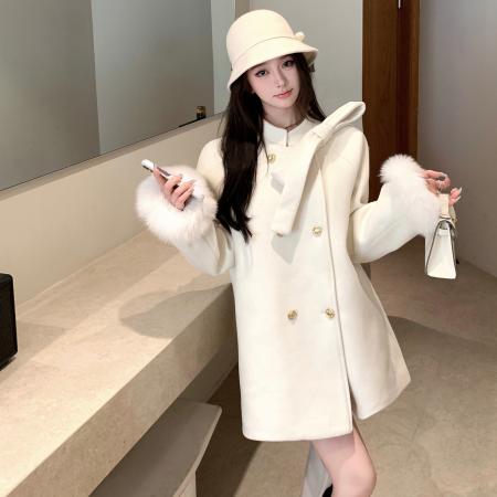 FA48555# 小香风毛呢外套秋冬蝴蝶结白色千金风宽松中长款大衣女 服裝批發女裝批發服飾貨源