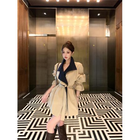 FA48557# 短款风衣外套女韩系气质撞色收腰翻领系带大衣潮 服裝批發女裝批發服飾貨源