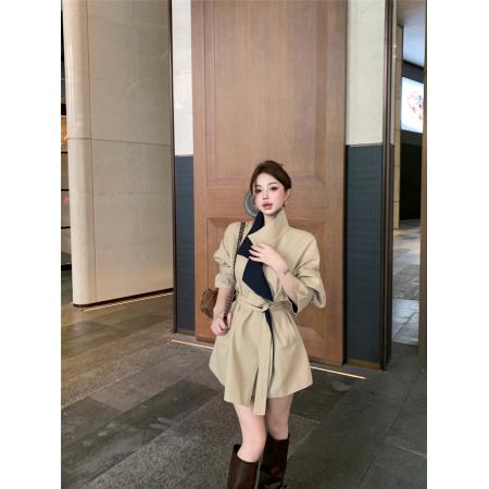 FA48557# 短款风衣外套女韩系气质撞色收腰翻领系带大衣潮 服裝批發女裝批發服飾貨源