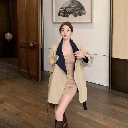 FA48557# 短款风衣外套女韩系气质撞色收腰翻领系带大衣潮 服裝批發女裝批發服飾貨源