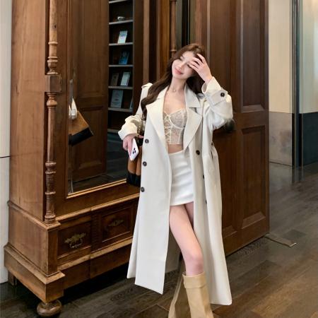 FA48558# 巨好看白色风衣外套女高级感气质复古秋季中长款大衣 服裝批發女裝批發服飾貨源