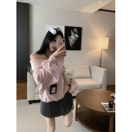 FA48561# 学姐慵懒风一字领宽松减龄连帽卫衣女百搭百褶裙套装潮 服裝批發女裝批發服飾貨源