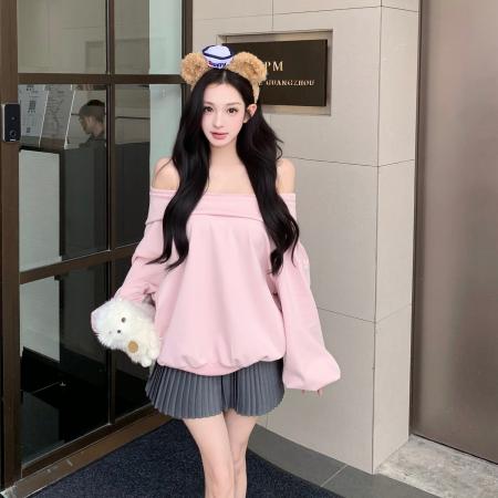 FA48561# 学姐慵懒风一字领宽松减龄连帽卫衣女百搭百褶裙套装潮 服裝批發女裝批發服飾貨源