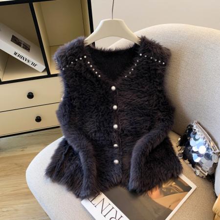 FA48563# 加厚高品质仿水貂洋气时尚珍珠针织马甲女外搭毛衣女上衣 服裝批發女裝批發服飾貨源