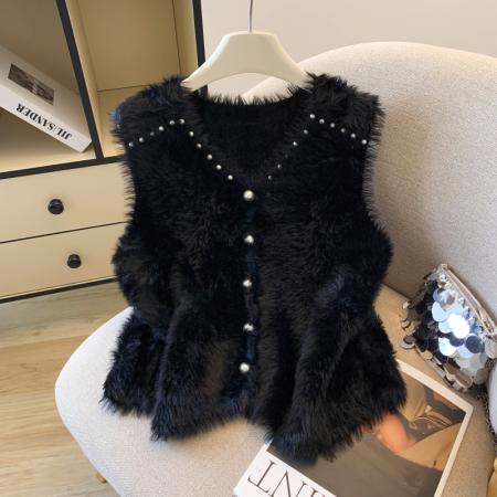 FA48563# 加厚高品质仿水貂洋气时尚珍珠针织马甲女外搭毛衣女上衣 服裝批發女裝批發服飾貨源