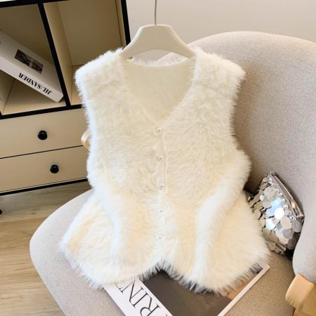 FA48563# 加厚高品质仿水貂洋气时尚珍珠针织马甲女外搭毛衣女上衣 服裝批發女裝批發服飾貨源