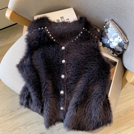 FA48563# 加厚高品质仿水貂洋气时尚珍珠针织马甲女外搭毛衣女上衣 服裝批發女裝批發服飾貨源