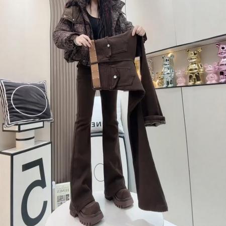 FA48564# 秋冬新款高腰显瘦复古微喇牛仔裤大码女装弹力修身加绒马蹄裤 服裝批發女裝批發服飾貨源