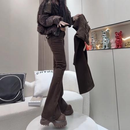 FA48564# 秋冬新款高腰显瘦复古微喇牛仔裤大码女装弹力修身加绒马蹄裤 服裝批發女裝批發服飾貨源