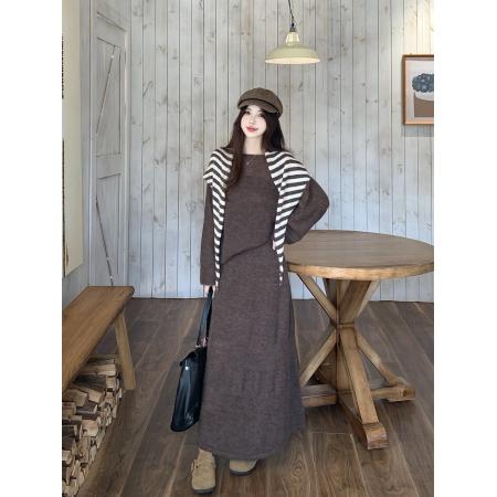 FA48566# 大码慵懒风宽松显瘦条纹披肩毛衣套装三件套女 服裝批發女裝批發服飾貨源