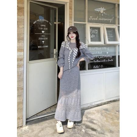 FA48566# 大码慵懒风宽松显瘦条纹披肩毛衣套装三件套女 服裝批發女裝批發服飾貨源