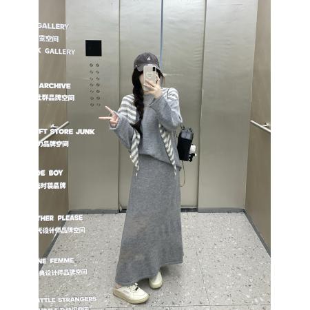 FA48566# 大码慵懒风宽松显瘦条纹披肩毛衣套装三件套女 服裝批發女裝批發服飾貨源