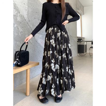 FA48568# 大码美拉德复古百搭花朵碎花裙中长款半身裙女 服裝批發女裝批發服飾貨源