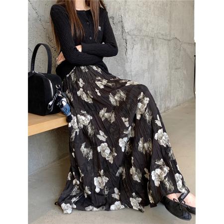 FA48568# 大码美拉德复古百搭花朵碎花裙中长款半身裙女 服裝批發女裝批發服飾貨源