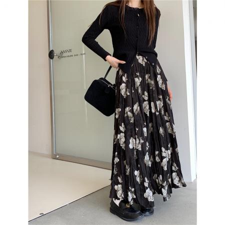 FA48568# 大码美拉德复古百搭花朵碎花裙中长款半身裙女 服裝批發女裝批發服飾貨源