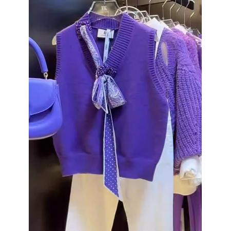 FA48569# 重工镶钻蝴蝶绑带针织马甲女秋季新款高级感紫色v领气质上衣 服裝批發女裝批發服飾貨源