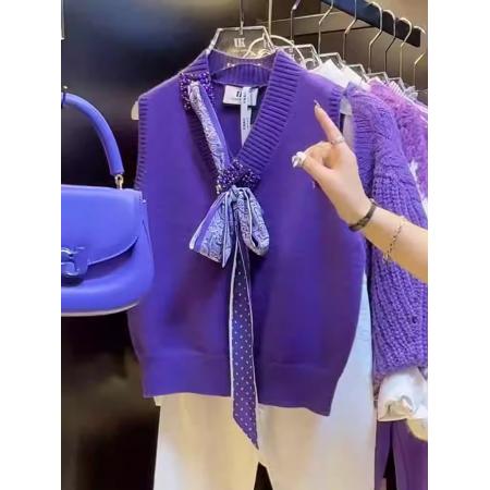 FA48569# 重工镶钻蝴蝶绑带针织马甲女秋季新款高级感紫色v领气质上衣 服裝批發女裝批發服飾貨源