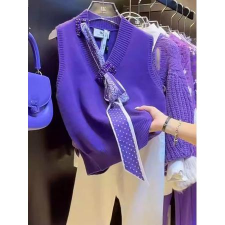 FA48569# 重工镶钻蝴蝶绑带针织马甲女秋季新款高级感紫色v领气质上衣 服裝批發女裝批發服飾貨源