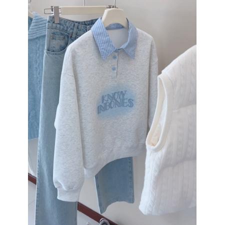 FA48570# 韩系假两件字母翻领拼接长袖卫衣女秋季新款高级感百搭上衣 服裝批發女裝批發服飾貨源