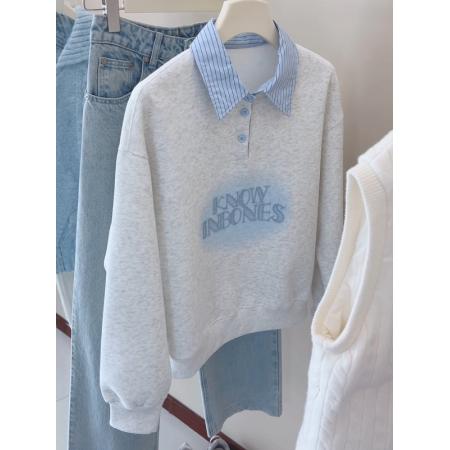 FA48570# 韩系假两件字母翻领拼接长袖卫衣女秋季新款高级感百搭上衣 服裝批發女裝批發服飾貨源