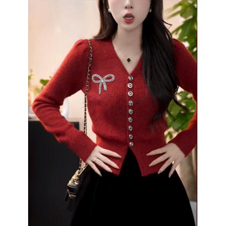 FA48571# 小香风蝴蝶结针织开衫毛衣女喜庆红色圣诞气质显瘦短款V领上衣潮 服裝批發女裝批發服飾貨源