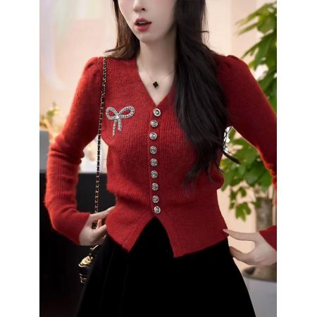 FA48571# 小香风蝴蝶结针织开衫毛衣女喜庆红色圣诞气质显瘦短款V领上衣潮 服裝批發女裝批發服飾貨源