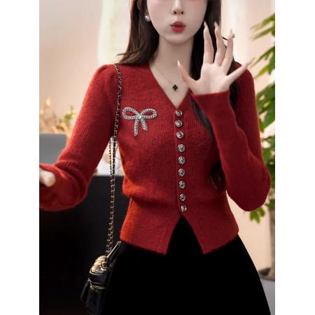 FA48571# 小香风蝴蝶结针织开衫毛衣女喜庆红色圣诞气质显瘦短款V领上衣潮 服裝批發女裝批發服飾貨源
