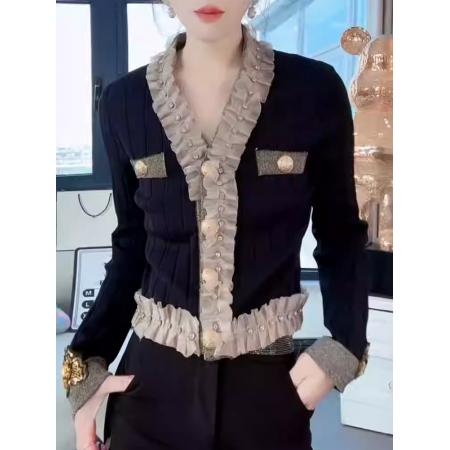 FA48572# 名媛范烫钻木耳边针织开衫女秋季新款轻奢风洋气修身百搭上衣 服裝批發女裝批發服飾貨源