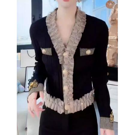 FA48572# 名媛范烫钻木耳边针织开衫女秋季新款轻奢风洋气修身百搭上衣 服裝批發女裝批發服飾貨源