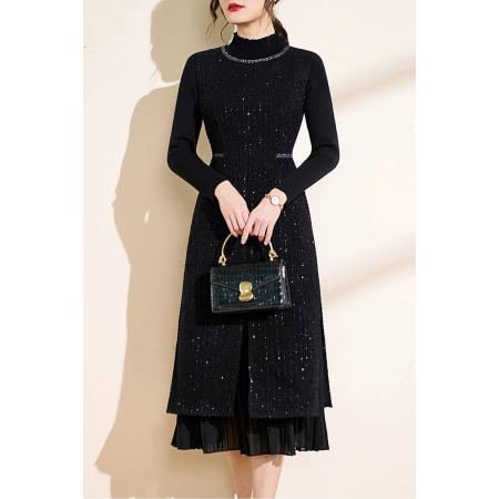 FA48573# 黑色小香风背心连衣裙女新春秋圆领背带马甲毛呢裙加毛衣套装 服裝批發女裝批發服飾貨源