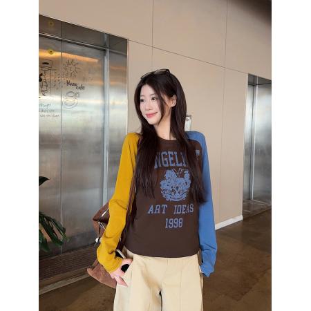 FA48576# 插肩袖潮长袖t恤打底衫女薄款春秋撞色新款修身圆领上衣 服裝批發女裝批發服飾貨源