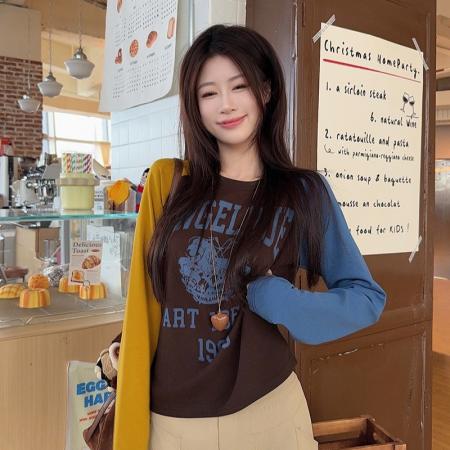 FA48576# 插肩袖潮长袖t恤打底衫女薄款春秋撞色新款修身圆领上衣 服裝批發女裝批發服飾貨源