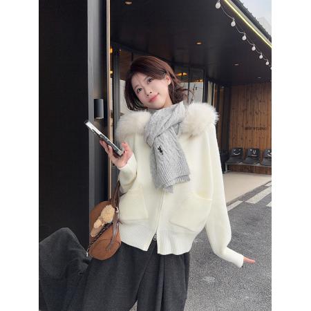 FA48577# 绵羊绒针织衫拉链开衫外套打底衫女秋冬毛领保暖毛衣上衣 服裝批發女裝批發服飾貨源