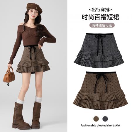 FA48578# 赵露思同款毛呢格纹百褶半身裙女秋冬复古高腰显瘦A字裙短裙 服裝批發女裝批發服飾貨源