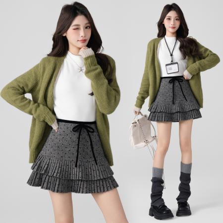 FA48578# 赵露思同款毛呢格纹百褶半身裙女秋冬复古高腰显瘦A字裙短裙 服裝批發女裝批發服飾貨源
