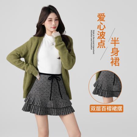 FA48578# 赵露思同款毛呢格纹百褶半身裙女秋冬复古高腰显瘦A字裙短裙 服裝批發女裝批發服飾貨源